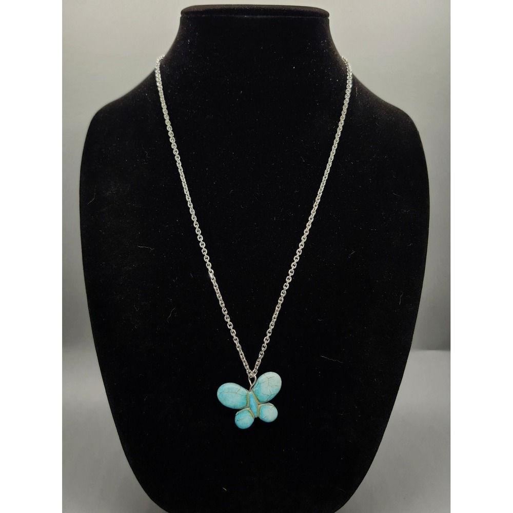 Turquoise Stone Look Butterfly Pendant Necklace Silver Tone Chain Boho